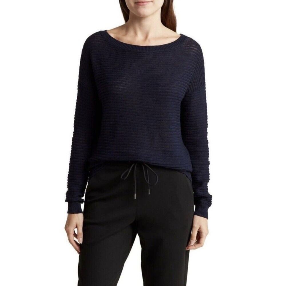 NWT Theory Navy Blue Open Knit Sweater P XS Quiet Luxury Minimalist Oversized